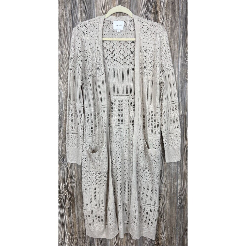 Pink Rose Longline Cardigan Sweater Size Med Beige Cream Open Front Crochet Knit